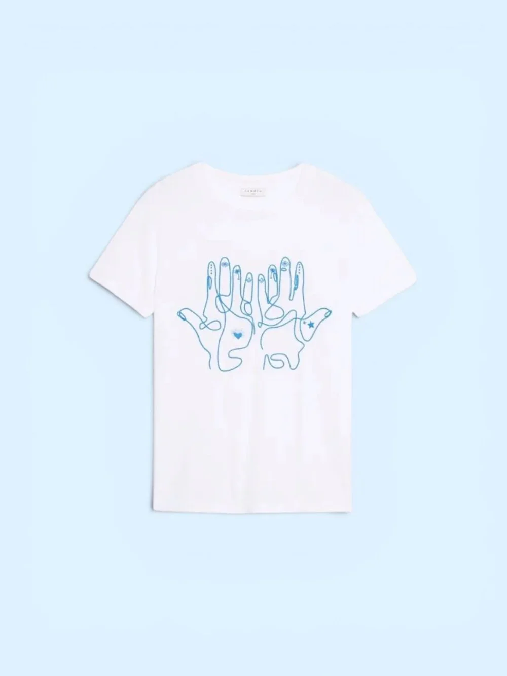 Sandro Paris White Cotton T-Shirt Evil Eye Hamzah Hand Embroidery - Sz 1 (US S) - Picture 3 of 8